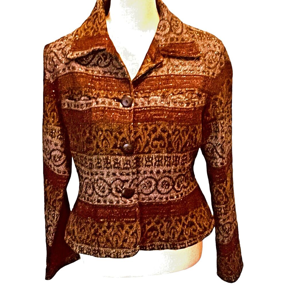 VTG Flashback Boho Tapestry Jacket Sz M Burgundy With Metallic Threading Pockets